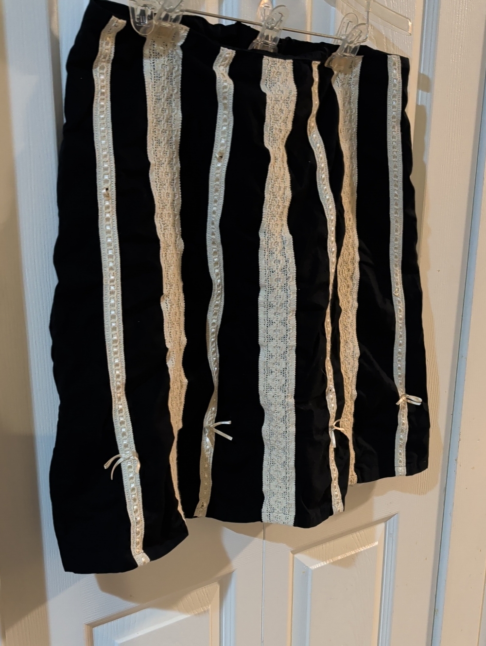 New York & Company Black Mini Skirt with Cream Lace Stripes